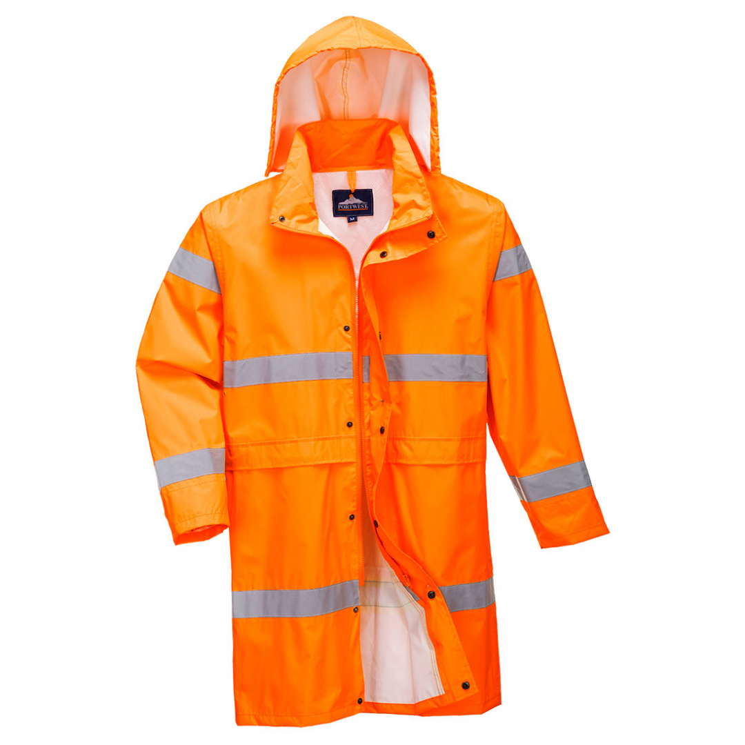 Płaszcz przeciwdeszczowy ostrzegawczy pomarańczowym z pasami odblaskowymi roboczy