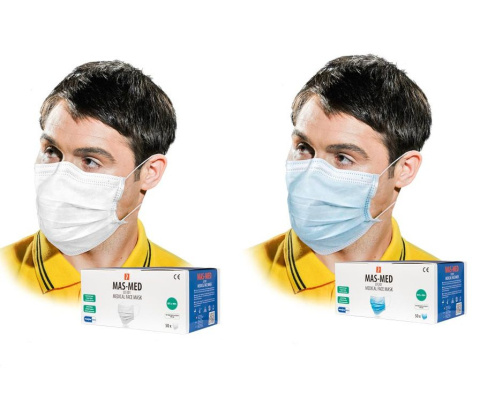 maska medyczna 50 szt, maseczka trójwarstwowa z polipropylenu EN14683 (typ IIR), 8% VAT niebieska, biała