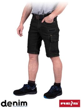 Elastyczne spodnie ochronne do pasa z krótkimi nogawkami wykonane z jeansu.