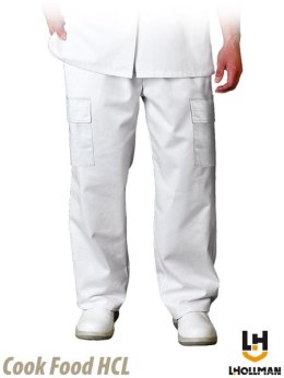 Spodnie białe, do pasa, odpowiednie do prania przemysłowego, zapinane na guziki