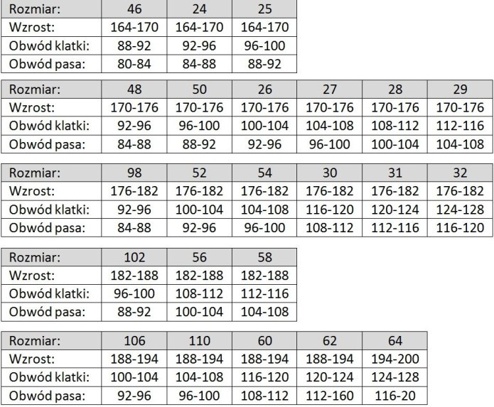 TABELA ROZMIARÓW